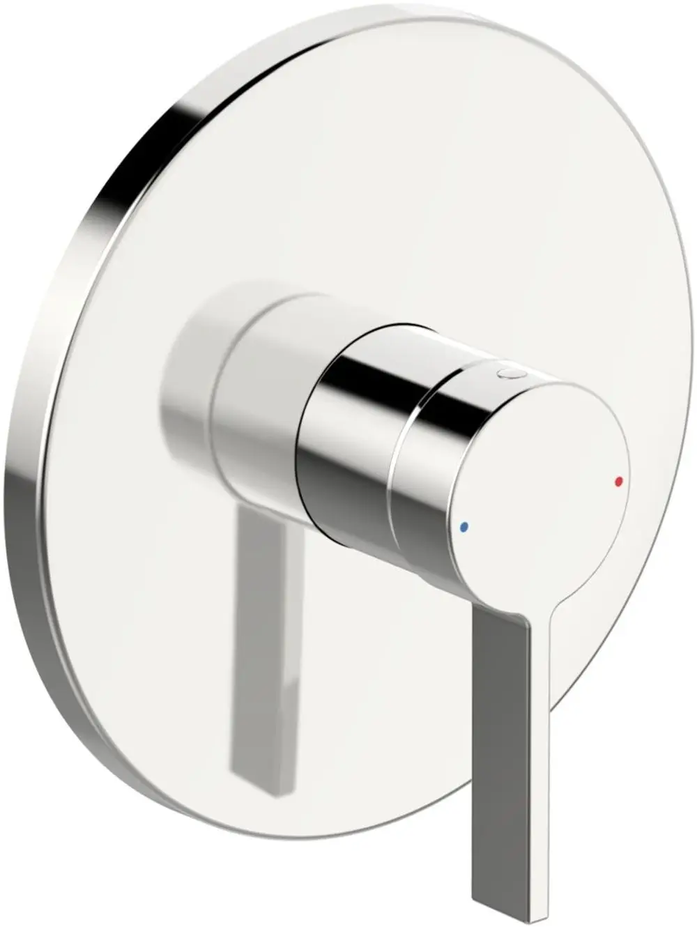 Einhebelmischer in runder Chrom-Oberfläche, geeignet für eine Brausebatterie. Design von HANSA, mit deutlichen Markierungen für Warm- und Kaltwasser.